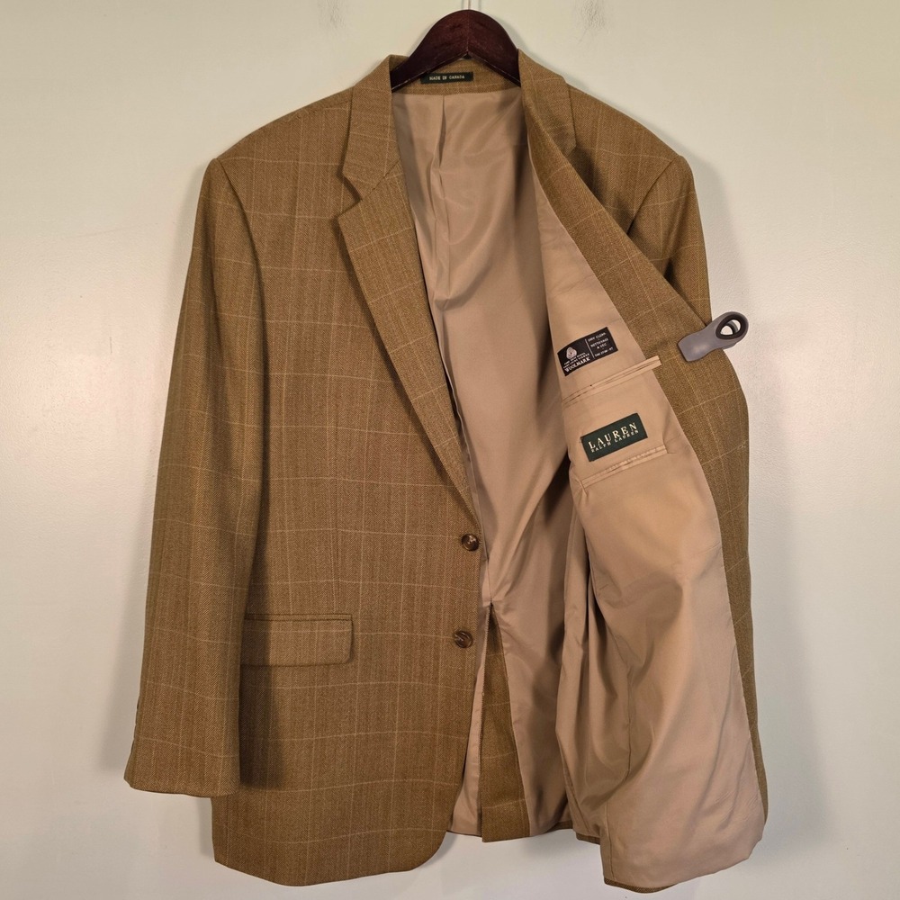 Lauren Ralph Lauren Mens 46L Tan Wool Herringbone Windowpane Blazer Sport Coat